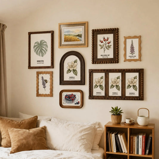 Eclectic Wood Gallery Wall Frame Set – 4xBotanical Nature Prints, Cottagecore Decor-Photo paper size(4x6/5x7/8x10) Framzoo