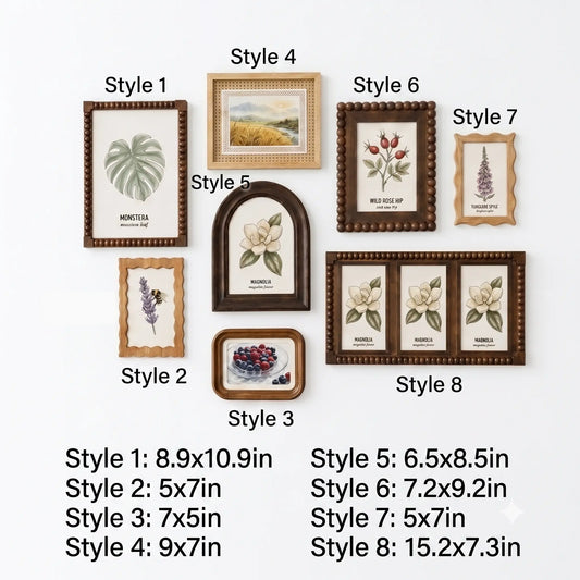 Eclectic Wood Gallery Wall Frame Set – 4xBotanical Nature Prints, Cottagecore Decor-Photo paper size(4x6/5x7/8x10) Framzoo