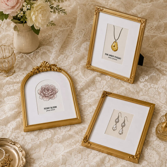 Gold Ornate Frame Set of 3 (4X6/5X7) | Vintage Jewelry & Peony Art Prints | Arched Frame with Floral Relief | Elegant French Decor Framzoo