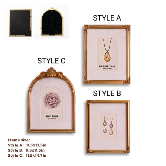 Gold Ornate Frame Set of 3 (4X6/5X7) | Vintage Jewelry & Peony Art Prints | Arched Frame with Floral Relief | Elegant French Decor Framzoo