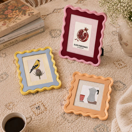 Colorful Scalloped Frame Set of 3(4X4/4X6/5X7) | Vintage Bird Pomegranate Coffee Art  | Boho Eclectic Wall Decor Framzoo