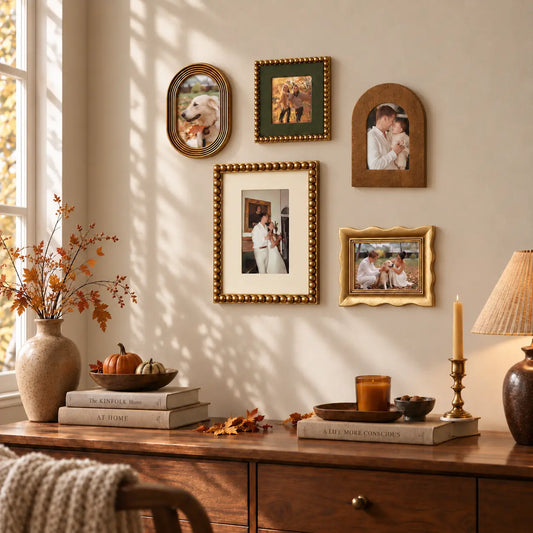 Fall Picture Frame, Vintage Gold Beaded Photo Frame, Dark Academia Wall Decor, Arch & Wavy Frame Set, Cozy Autumn Home Decor, Gift Framzoo