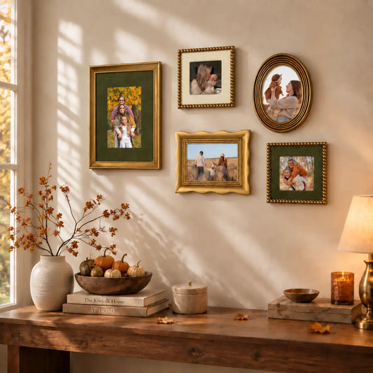 Vintage Golden Picture Frame Set, Autumn Gallery Wall Decor, Moss Green Mat Photo Frame, Antique Beaded & Oval Frame, Cottagecore Fall Gift Framzoo