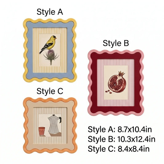Colorful Scalloped Frame Set of 3(4X4/4X6/5X7) | Vintage Bird Pomegranate Coffee Art  | Boho Eclectic Wall Decor Framzoo